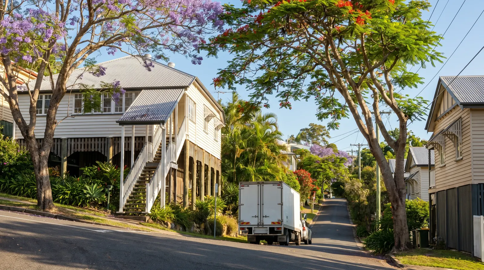A high-set timber Queenslander on tall stumps with a steep front stair on a Brisbane ridge street